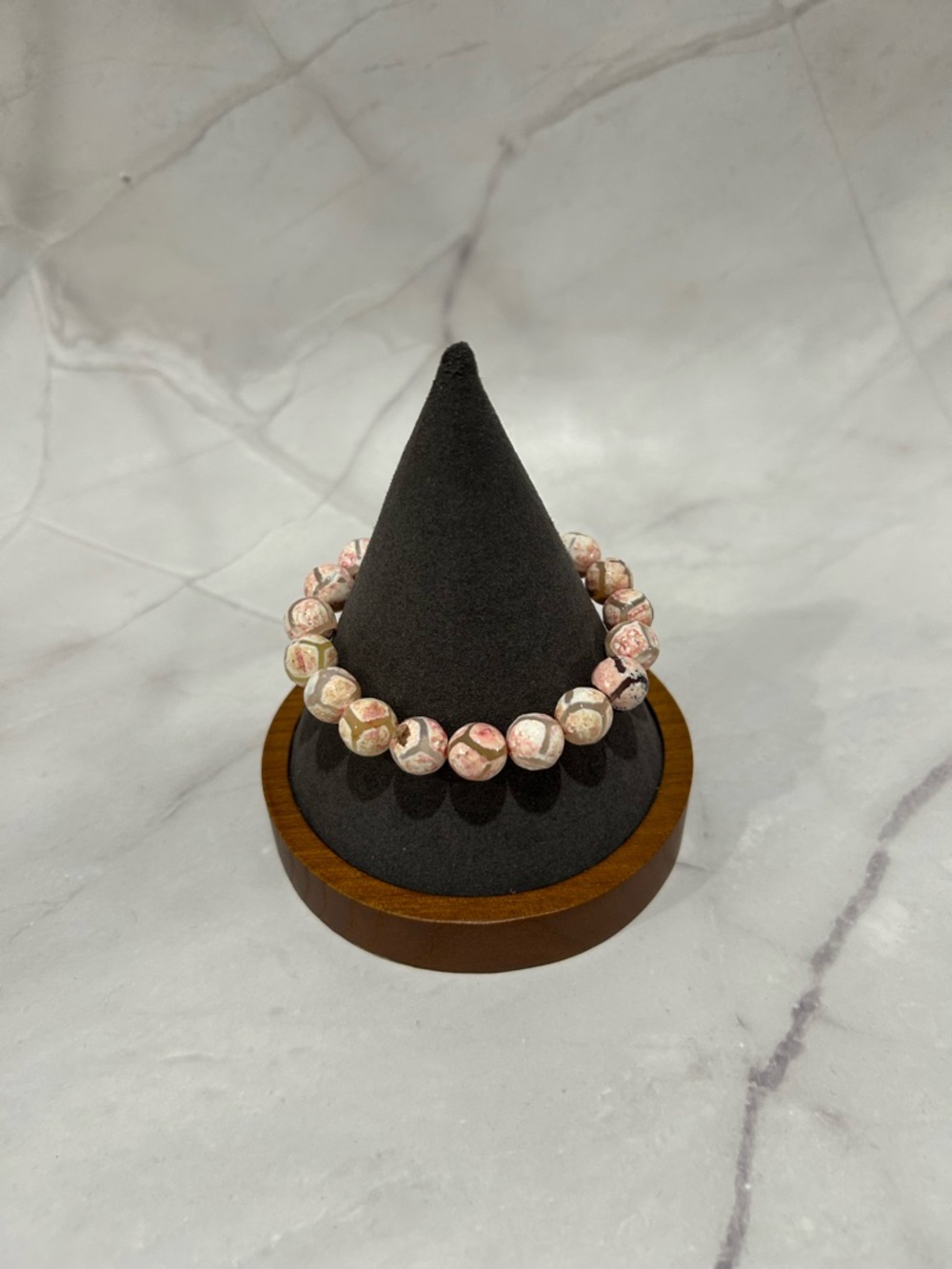 Natural Pink and Cream Stone Tibetan Beaded Stretch Bracelet. 10mm beads